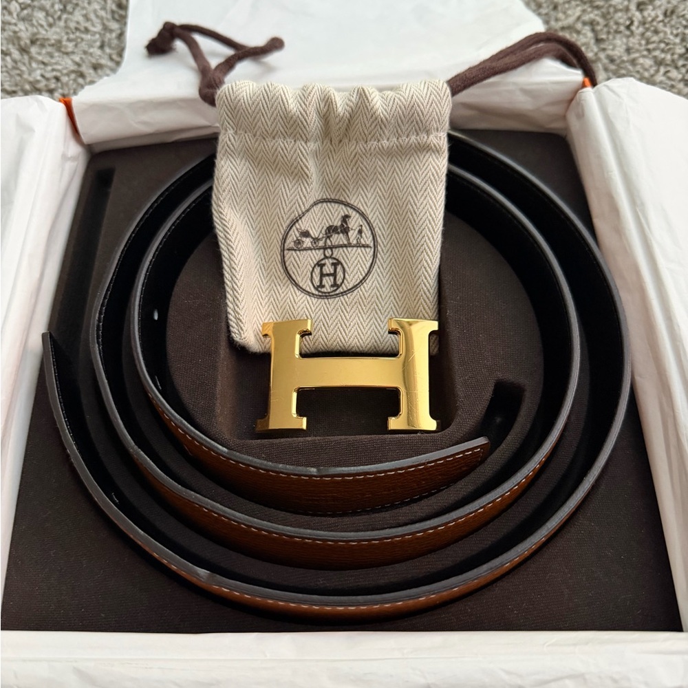 Hermes Gold H belt buckle & Reversible Gold / Noir leather belt 32 mm, orig. box